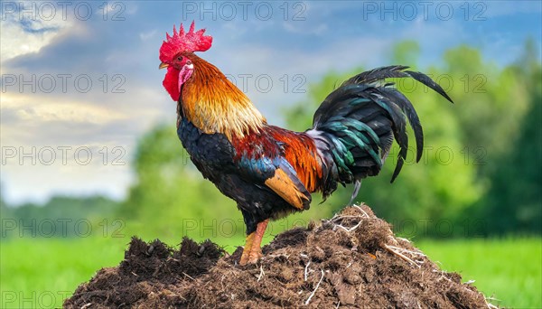 KI generated, A beautiful rooster stands on a dung heap, farmyard, (Gallus gallus domesticus)