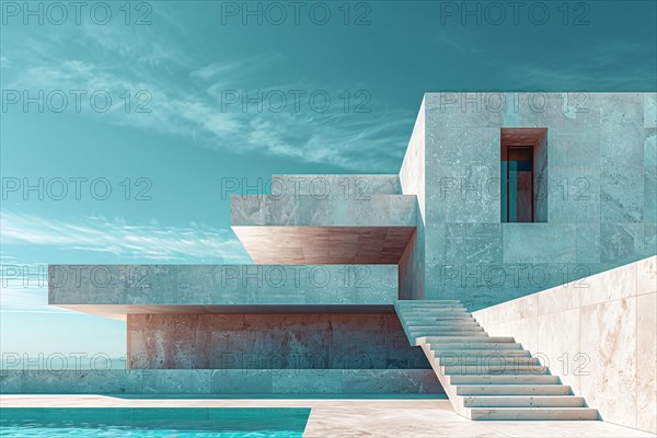 Modern architectural structure with minimalist design beside a turquoise sea, AI generated