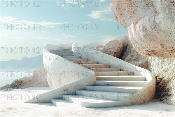 Staircase merging with rocky terrain under a soft blue sky, creating a surreal look, AI generated