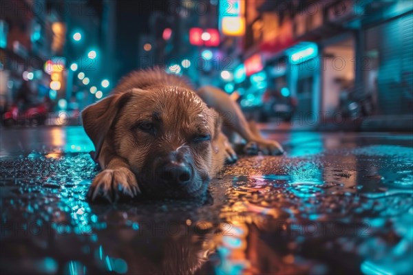 An abandoned, stray, young mixed-breed dog lies on a wet road at night and looks sad, AI generated, AI generated, AI generated