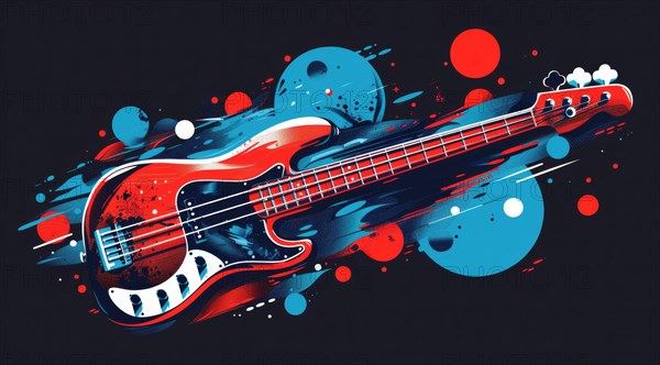 Dynamic abstract representation of an electric bass with blue and red splatter, ai generated, AI generated
