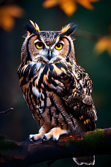 European eagle owl large piercing eyes on a branch, AI generated