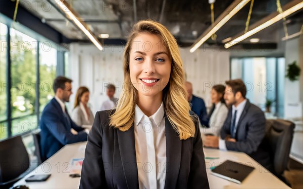 Self-confident woman with blonde hair standing in the office, professional businesswoman, young managing director of a company, AI generated, AI generated