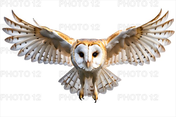 Barn owl in flight embodies mysterious and ghostly beauty, isolated in front of white background, AI generated