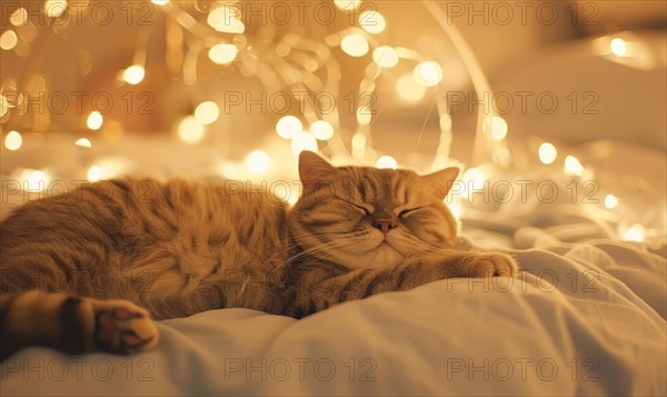 A cat in a serene sleep amidst a warm glow of fairy lights AI generated