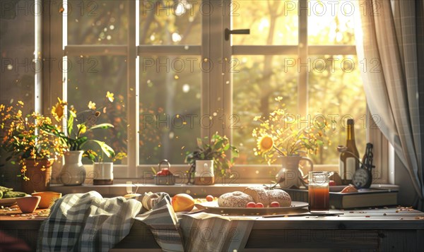 A cozy breakfast spread with pastries and coffee on a table bathed in morning sunlight AI generated