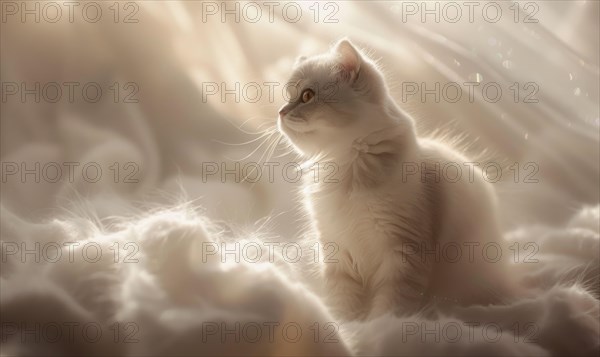 Whimsical image of a cat bathed in golden light amid soft textures AI generated