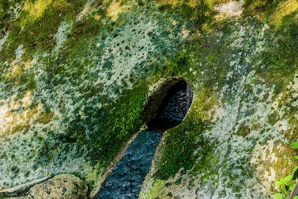 Drain in side of sunlit mossy embankment with textures and contrasting shadows, in South Korea