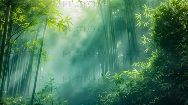 Ethereal mist weaving through a tranquil green bamboo forest, ai generated, AI generated