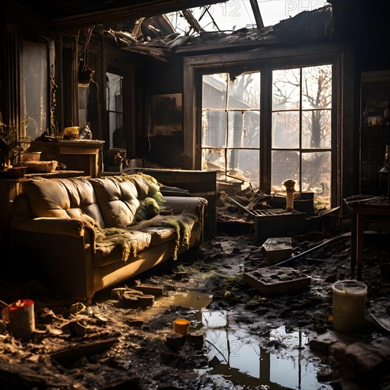 Interior of a flooded home furniture and personal items drenched, AI generated