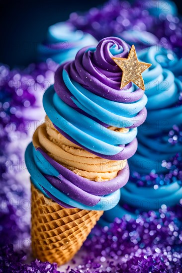 Galaxy themed ice cream cone swirling blues and purples edible glitter star shaped candies, AI generated