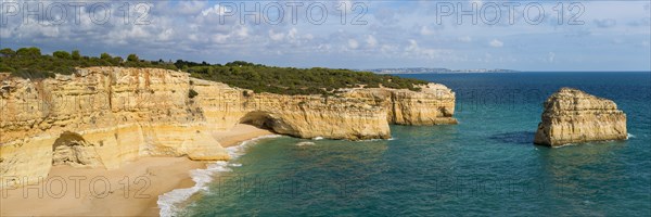 Beach section with rocky coast at the Algarve, summer holiday, weather, sunny, Atlantic, panorama, summer holiday, travel, holiday, tourism, nature, rocky, beach, bathing holiday, empty, nobody, landscape, coastal landscape, rocks, cliffs, bay, sea bay, sea, Carvoeiro, Portugal, Europe