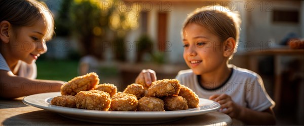 Two happy children sitting outside at sunset with a plate of chicken nuggets, wide horizontal aspect ratio, blurred sunny background with bokeh effect, AI generated
