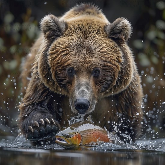 A brown bear hunts salmon in shallow clear water, AI generated