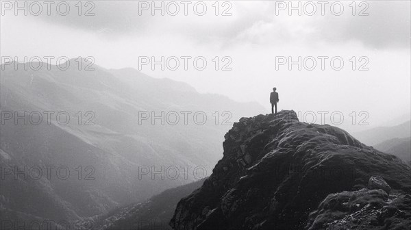 A lone figure stands atop a rugged cliff overlooking misty mountains, AI generated