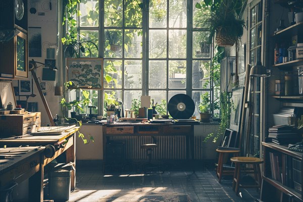 Bohemian creative space with vintage vibes, sunlight filtering through plants and a vinyl record player, AI generated