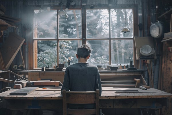 View of a person from behind, working in a tranquil, sunlit woodworking shop with a view of nature, AI generated