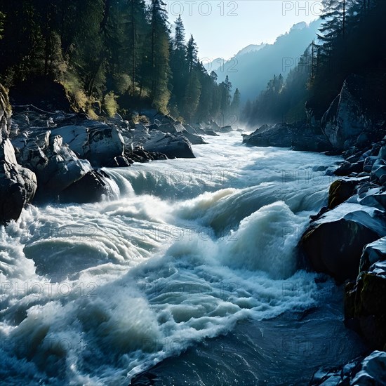 Swollen river infused with glacial meltwater, AI generated