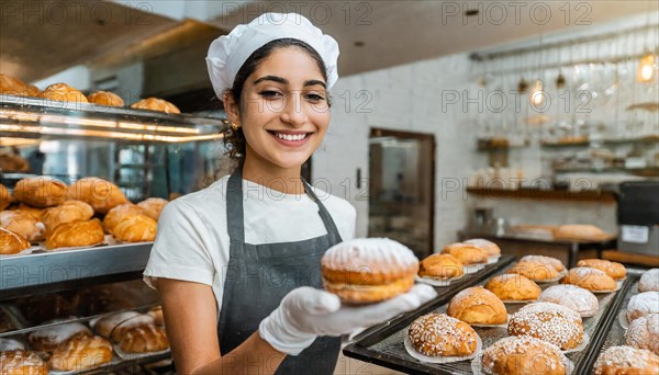 Ai generated, woman, 20, 25, years, shows, bakery, bakery shop, baquette, white bread, France, Paris, Berliner, doughnut, Europe