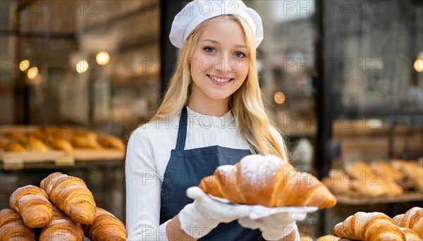 KI generated, woman, 20, 25, years, shows, bakery, bakery shop, baquette, white bread, croissant, France, Paris, Europe