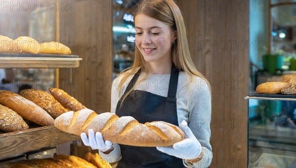 Ai generated, woman, 20, 25, years, shows, bakery, bakery shop, baquette, white bread, France, Paris, Europe