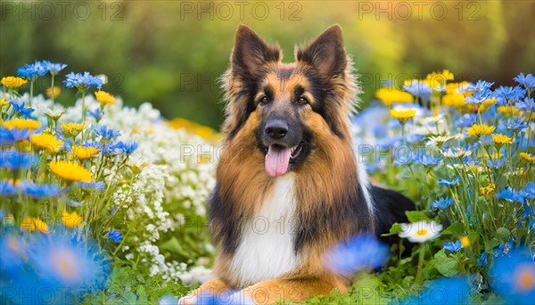 KI generated, A German shepherd dog lies in the grass of a meadow with many flowers