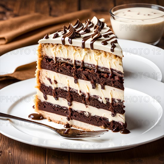 Prinzregententorte slice multiple delicate chocolate and cream layers, AI generated