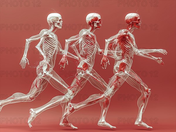 Skeletons in a walking sequence illuminated with red light that emphasises their structure, AI generated, AI generated, AI generated