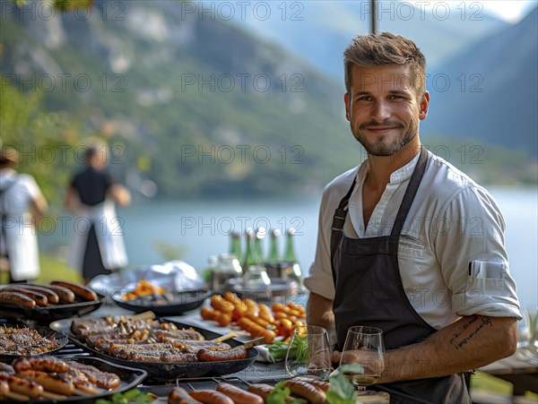 Barbecue party, guests with glasses in their hands stand around a chef who is grilling sausages and steaks, AI generated