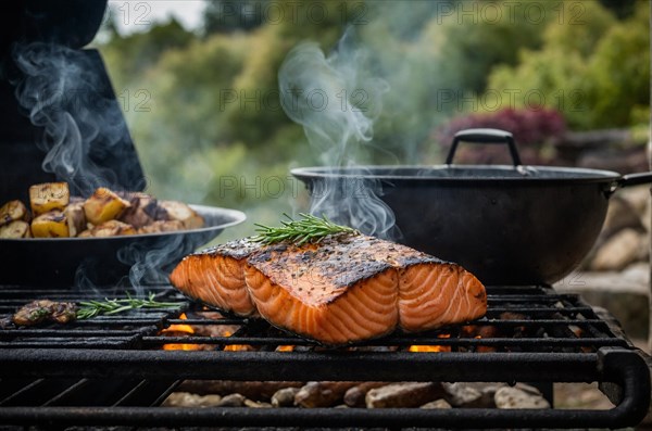 Thick salmon steaks smoking on a grill with open flames and a rustic backdrop, AI generated