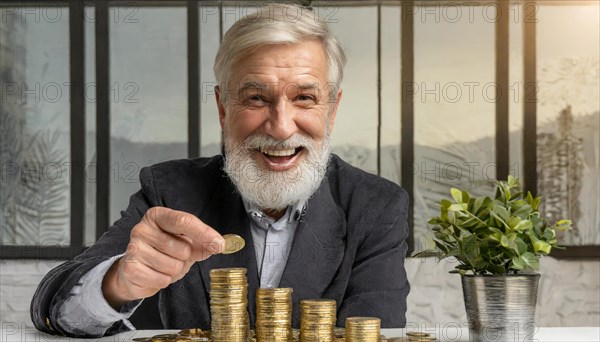 AI generated, A pensioner is happy about his nest egg savings