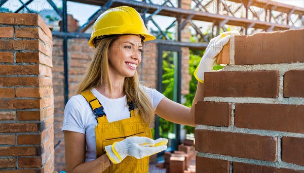 AI generated, A female bricklayer inspects a brick wall, 30, 35, years