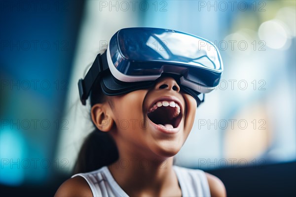 Young happy black girl child with virtual technology VR goggles. KI generiert, generiert AI generated