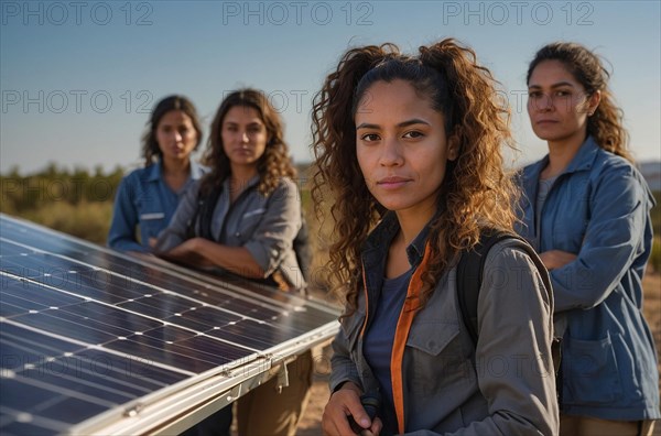 Team of engineers inspecting solar panels in a field, representing renewable energy and teamwork, women at environmental jobs, feminine power and rights concept, climate change agenda, AI generated