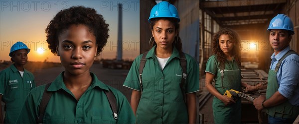 Black Mixed-race Industrial workers with hard hats at twilight with a sense of determination, women at heavy industrial contruction jobs, feminine power and rights concept, AI generated