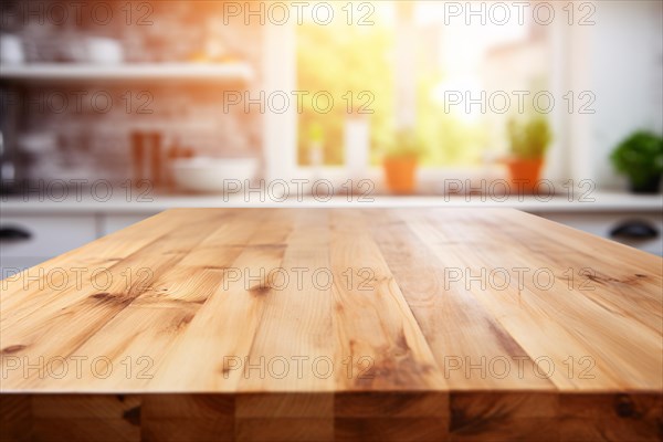 Wooden empty table with blurry kitchen scene in background. KI generiert, generiert AI generated