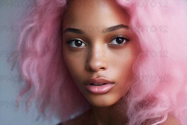 Face of beautiful young black african american woman with unusual light pink dyed hair. KI generiert, generiert AI generated