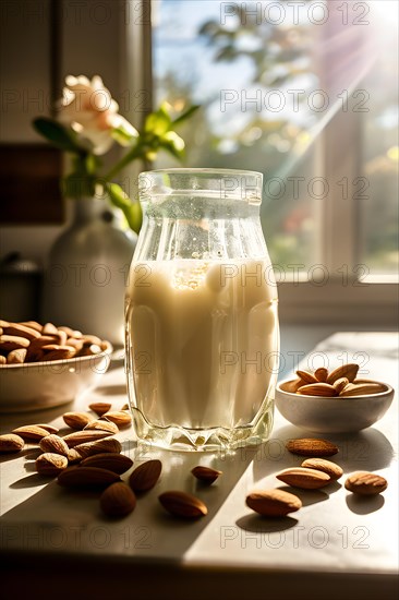 Almond milk cascades into a glass backlight from a sunlit window casting a warm glow on the scatter, AI generated