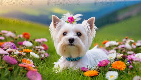 KI generated, A white Yorkshire Terrier lying in a flower meadow, (Canis lupus familiaris)