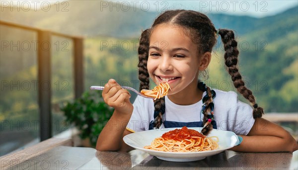 KI generated, A girl, 10, years, eats a plate of spaghetti with relish