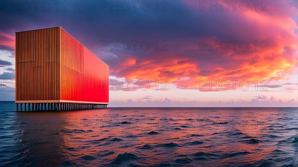 Architectural minimalism capturing intersecting yellow and red walls offshore on the sea, AI generated