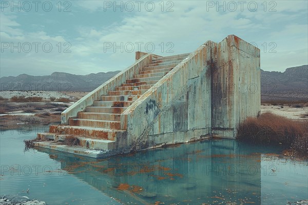 Abandoned concrete staircase with its reflection in greenish water under an overcast sky, AI generated