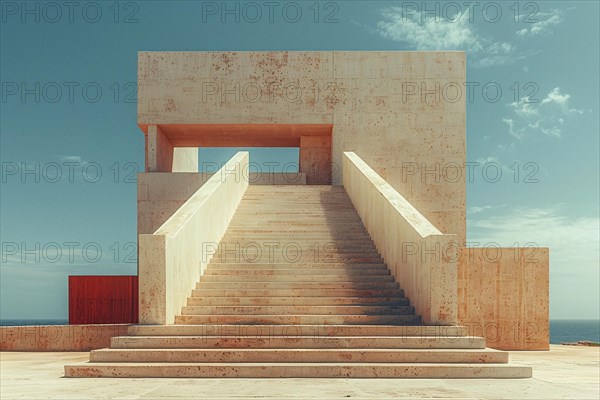 Minimalist architectural staircase under an open sky with geometric patterns and a red accent, AI generated