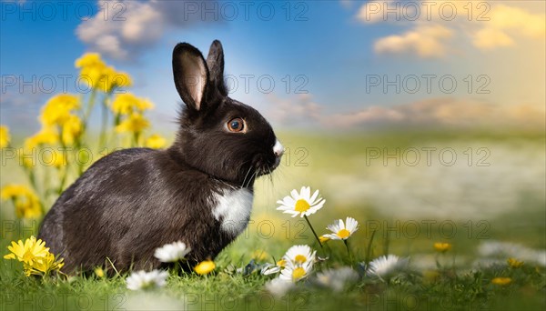 KI generated, A black and white dwarf rabbit in a meadow with white and yellow flowers, spring, side view, (Brachylagus idahoensis)