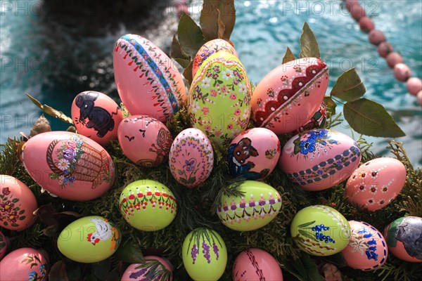 Detail of an Easter fountain in Franconian Switzerland, Bamberg district, Upper Franconia, Germany, many colourful blown-out and dyed eggs as decoration, Easter custom, Europe