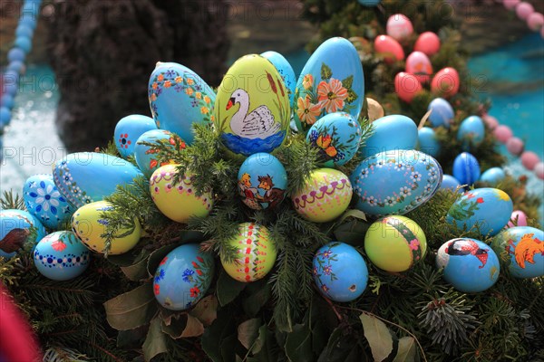 Detail of an Easter fountain in Franconian Switzerland, Bamberg district, Upper Franconia, Germany, many colourful blown-out and dyed eggs as decoration, Easter custom, Europe