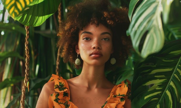 Young woman among tropical plants wearing an orange floral dress AI generated