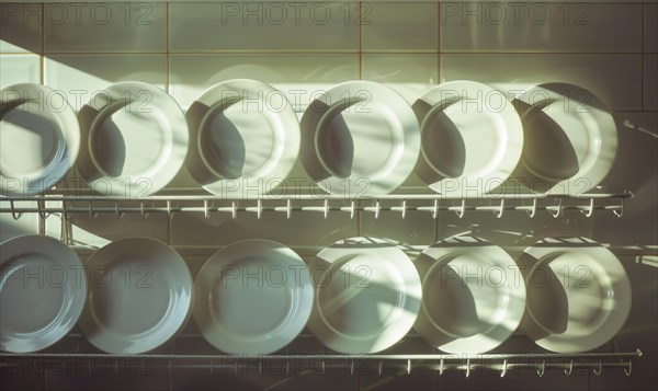 Shadows play over a rack of white dishes in a sunlit modern kitchen AI generated