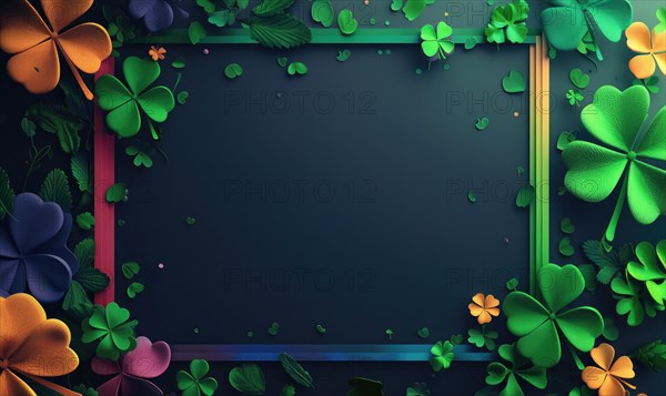 Glowing green clovers frame a dark navy blue space, creating a modern, atmospheric design AI generated