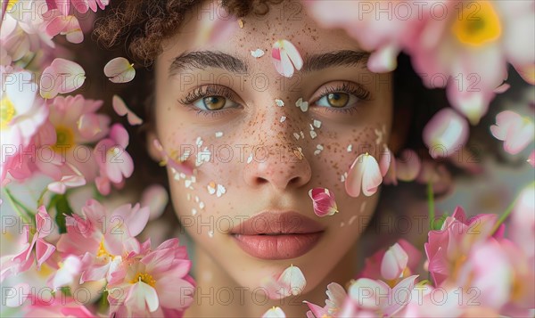 Close-up of woman's face with falling petals, embodying spring beauty AI generated